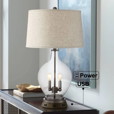 Regency Hill Country Table Lamp With USB And AC Power Outlet Workstation Charging Base Nightlight 29" Tall Clear Glass Bronze Living Room Bedroom 3 Regency Hill Country Table Lamp With USB And AC Power Outlet Workstation Charging Base Nightlight 29" Tall Clear Glass Bronze Living Room Bedroom