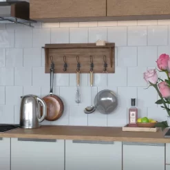 Merrick Lane 24 Inch Wall Mount Pine Wood Storage Rack With 5 Hanging Hooks, Entryway, Kitchen, Bathroom