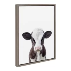 18" X 24" Sylvie Baby Cow Portrait Framed Canvas Wall Art By Amy Peterson Gray - DesignOvation